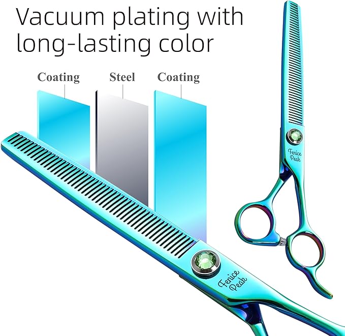 Fenice Peak Green Dog Grooming Scissors Set Straight Thinning Curved and Chunker Shears 4PCS Kit with Simulated Emerald Screw 440C Trimming Shears Durable and Sharp