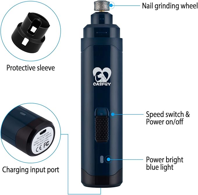 Casfuy Dog Nail Grinder Upgraded - Professional 2-Speed Electric Rechargeable Pet Nail Trimmer Painless Paws Grooming & Smoothing for Small Medium Large Dogs & Cats(Dark Blue)