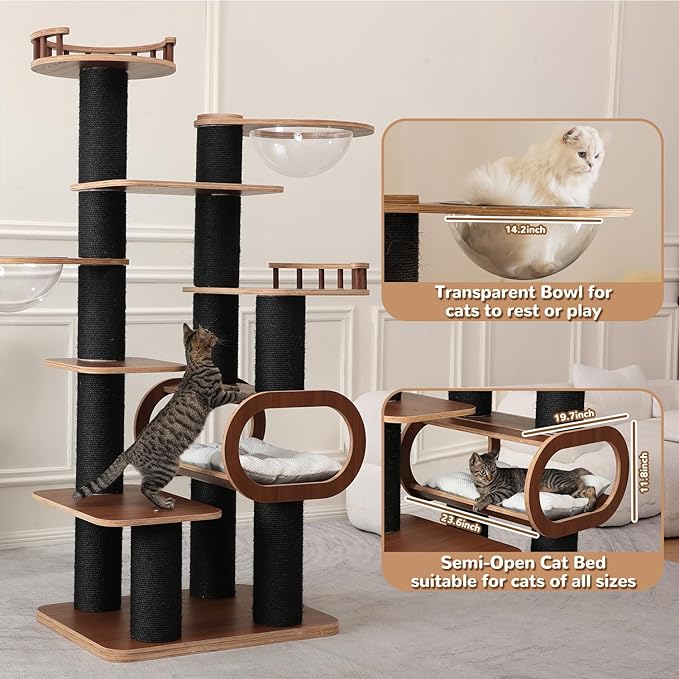 70.8'' Tall Luxury Cat Tree,All i,ne One Black Walnut Wood Modern Cat Tower for Indoor Large,Huge Multi-Level Cat Furniture with Scratching Posts,Condo,Cushion,Clear Bowl,Platform for Home Decoration