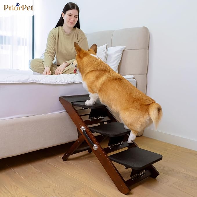 Dog Steps for Bed & Couch 2-in-1 Dog Stairs/Ramp - Height Adjustable Dog Ramp for Couch 7” - 20” - Pet Stairs, Dog Stairs for Small Dogs - Easy to Move Pet Steps with Landing Platform, Walnut