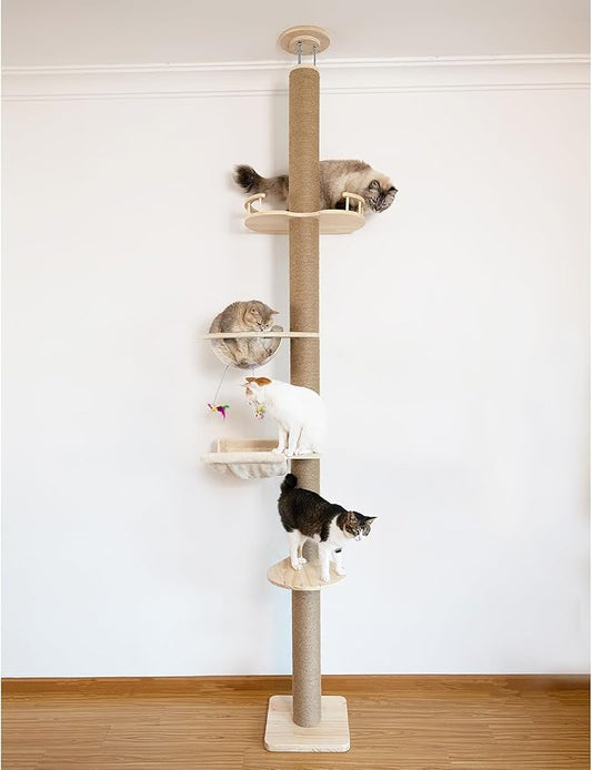 Floor-to-Ceiling Cat Tree with Natural Sisal Rope Scratching Post - Adjustable Height (55-119 Inches) - Modern Cat Activity Tree, Cat Scratcher Post