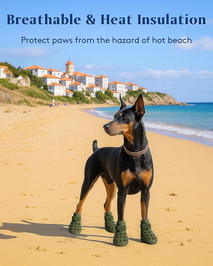 Dog Shoes for Hot Pavement, Breathable Dog Boots Paw Protectors with Adjustable Straps & Non-Slip Sole, Easy On & Off, Waterproof, Easy-Cleaning Silicone Outdoor Dog Booties for Beach and Snow