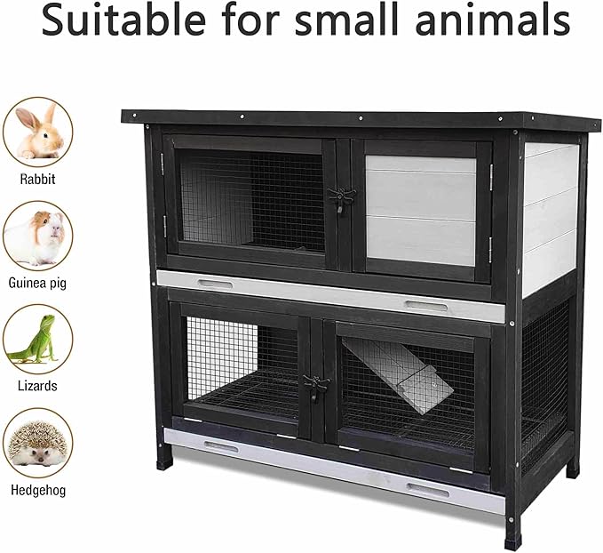 Double Level Solid Wood Rabbit Hutch Small Animal Cage for Rabbits, Guinea Pigs, Hedgehogs & Lizards Indoor/Outdoor– 2-Tier Eco-Friendly Habitat with Bedding Area, Durable & Easy to Clean