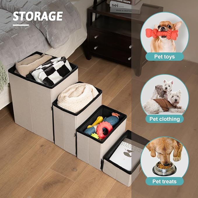 Dog Stair for Small Dogs with Storage, 21" H Foldable Pet Step with Soft Cover, Older Cat Ramp for High Bed or Car, Lightweight, Comfort, 39.7x13x21.2 inch, 5 Tiers, Beige