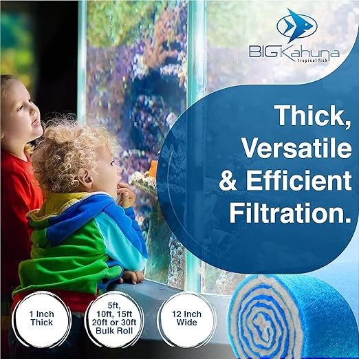 Big Kahuna Aquarium Filter Floss Rolls – 12-inch Pond and Aquarium Filter Media – 1-inch Thick Wet/Dry Aquarium Filter Pad – 10ft - Bonded Filter Media Pad for Freshwater or Marine Aquariums, Ponds