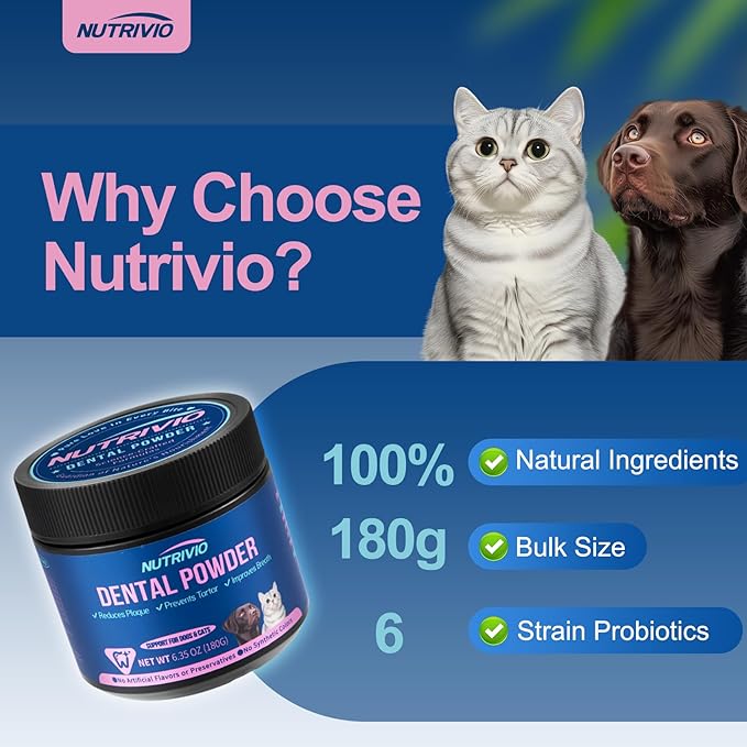 Dental Powder for Dogs & Cats - 5 Strains of Probiotics with 10B CFU, Natural Ingredients for Plaque & Tartar Control, Fresh Breath Oral Care,Safe for All Breeds & Ages Pets - 6.35oz(180g)