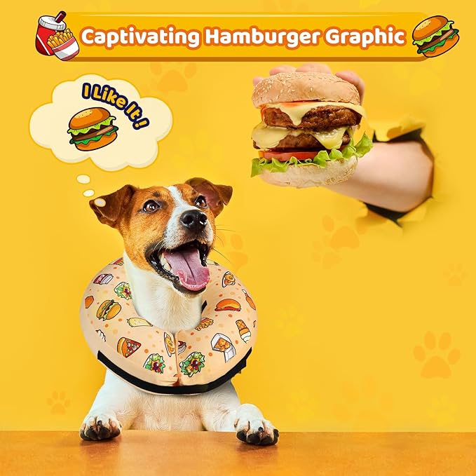 Grand Line Hamburger Inflatable Collar for Dogs and Cats, Soft Protective Recovery Cone After Surgery, Blow up Pet Collar Cone, E-Collar Alternative Does not Block Vision (Small)