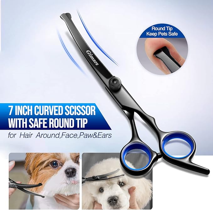 Gimars Dog Grooming Scissors Kit Professional 4CR with Safety Round Tip, 5 in 1 Heavy Duty Titanium Coated Thinning & Curved & Straight Shears