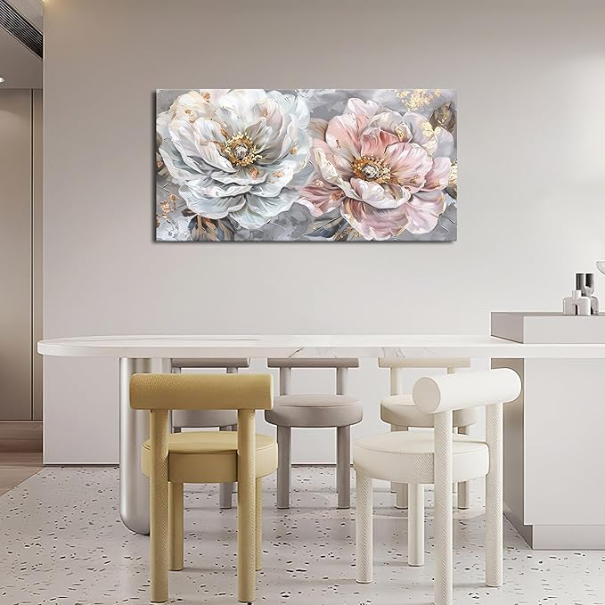 Extra Large Flower Wall Art Pink and White Floral Canvas Living Room Golden Pictures Framed Prints Oversize Wall Decor Big Painting Artwork for Bedroom Dining Office Home 60"x30"