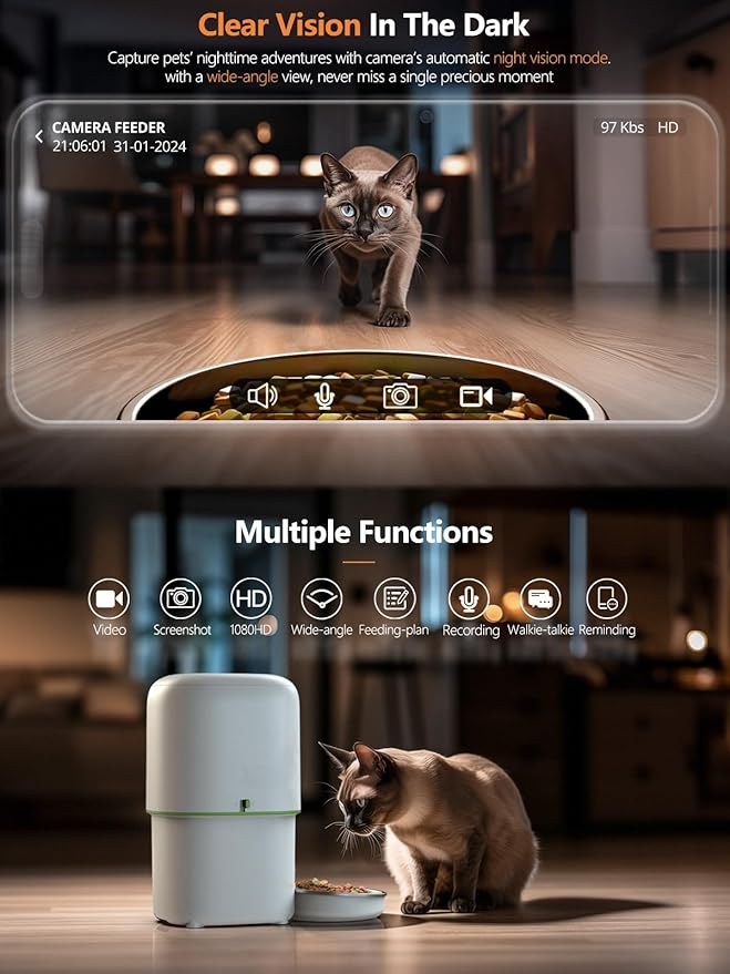 Automatic Cat Feeder with Camera - 5G WiFi Auto Cat Food Dispenser, 1080P HD Video with Night Vision, 1-15 Meals, 1-99 Portions, 2-Way Audio, Keeps Food Fresh, 4L Timed Pet Feeder Also for Dogs