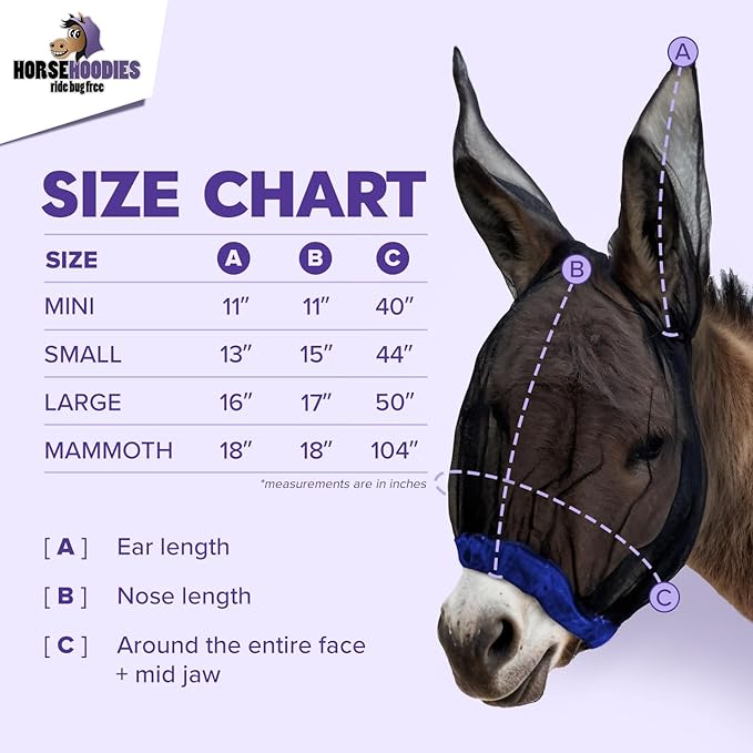 Donkey Fly Mask with Long Ears (Black) Made in USA - Mule Fly Mask with Ears Protection from Insects and Bugs, Mini Donkey Soft Mesh Fabric with Adjustable Fastener, Face Cover Supplies for Donkeys