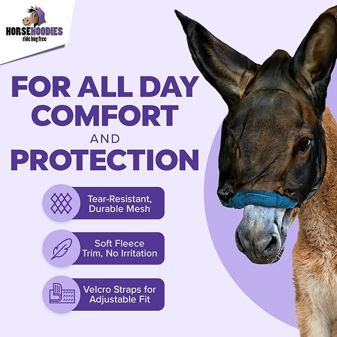 Donkey Fly Mask with Long Ears (Purple) Made in USA - Mule Fly Mask with Ears Protection from Insects and Bugs, Mini Donkey Soft Mesh Fabric with Adjustable Fastener, Face Cover Supplies for Donkeys