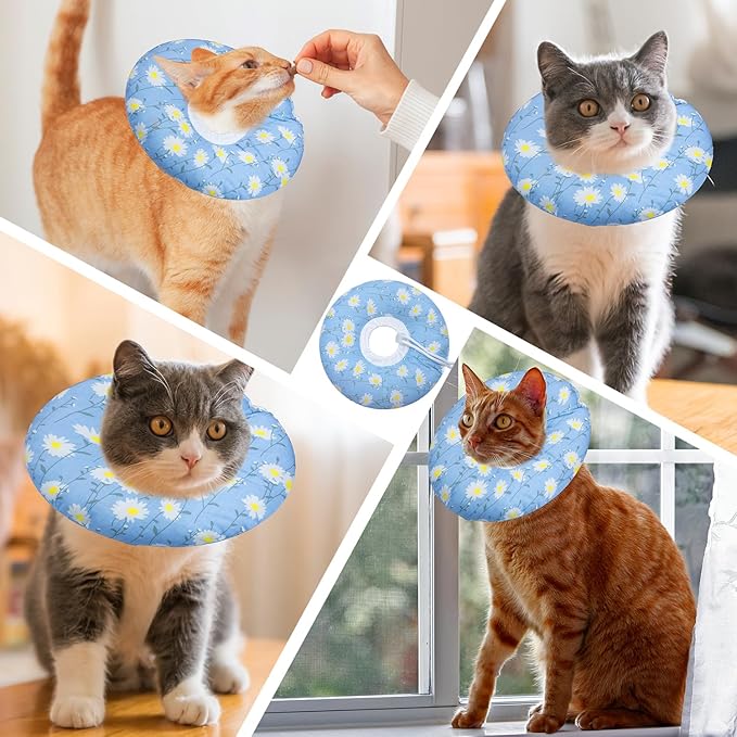 Cat Cone Collar Soft, Adjustable Cat Recovery Collars Kitten Cones to Stop Licking, Cute Donut E Collar After Surgery, Anti-Lick Wound Healing Elizabethan Collar for Kitten(Blue Daisy, Medium)