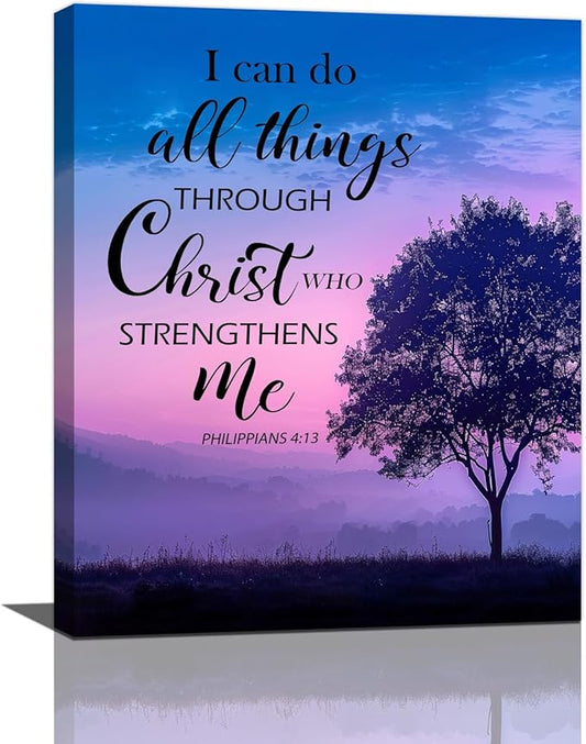 Christian Tree Wall Art I Can Do All Things Canvas Wall Decor Prints Framed Painting Purple Pictures Gifts Artwork for Bathroom Bedroom 16"x20"