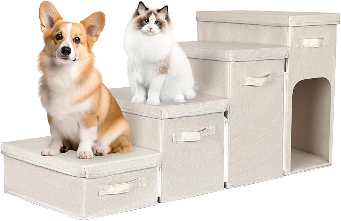 Dog Stairs with Storage, Folding Pet Steps with Zip for Small Dogs and Cats, 4-Step Pet Stairs with Pet House for High Bed, Couch and Car Ramp, Up to 200 Lbs (Beige, 4 Steps with Condo)