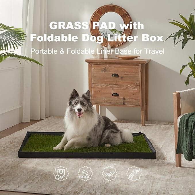 Dog Grass Pad with Foldable Dog Litter Box, Extra Large Liner Base (44”×34”) for Balcony, 2 Artficial Grass Pee Pads for Dogs, Pee Pad Holder, Potty Training