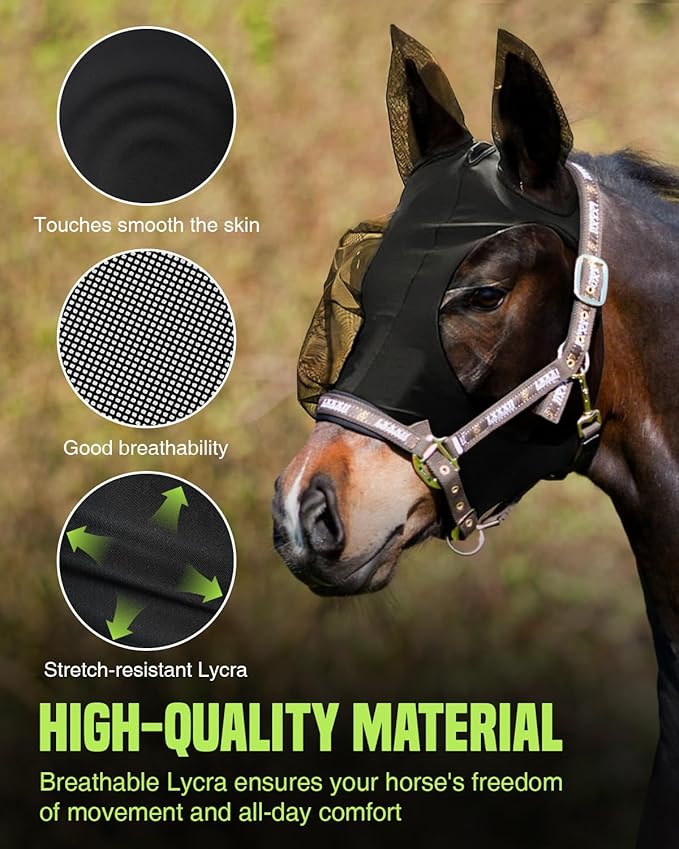 JWODVNTH Fly Masks for Horses with Ears - Large Eye Space, Comfort, UV-Block - Horse Fly Mask for Daily Stable, Hot Weather Riding, and Competition - Full, Black