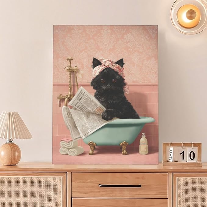 Cat Bathroom Wall Decor Black Cat Reading Newspaper in Bathtub Canvas Wall Art Funny Bathroom Pictures Kitten Painting Print Pink Artwork Framed Decorations Gifts 12"x16"