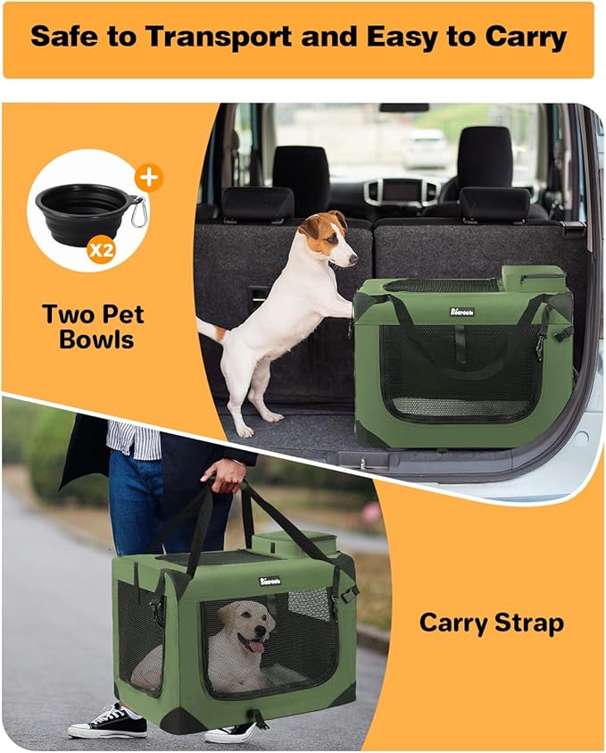 Extra Large Dog Crate with 2 Foldable Bowl, 40 Inch Collapsible Travel Dog Crate Kennel with Soft Blanket for Medium Dogs,Indoor & Outdoor (40" L x 27" W x 27" H, Green)