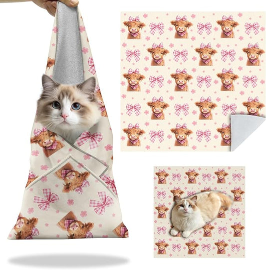 27.6" Cat Grooming Wrap, Self Adhesive Cat Wrap for Cutting Nails, Anti-Escape Calming Cat Swaddle Wrap for Medicine Ear Cleaning, Cow Anti-Scratch Cats Burrito Restraint Blanket, Practical Pet Tool