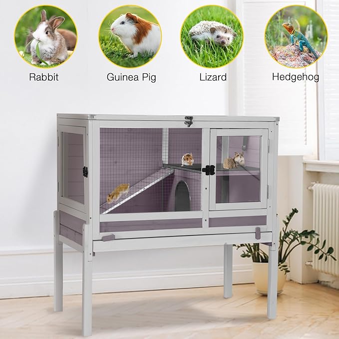 Aivituvin Wooden Guinea Pig Cages Indoor with Removable Stand, Anti Chewing Rabbit Hutch with Ramp and Wire Mesh, 2 Story Small Animals House Habitat with Pull Out Tray (Gray&Purple)