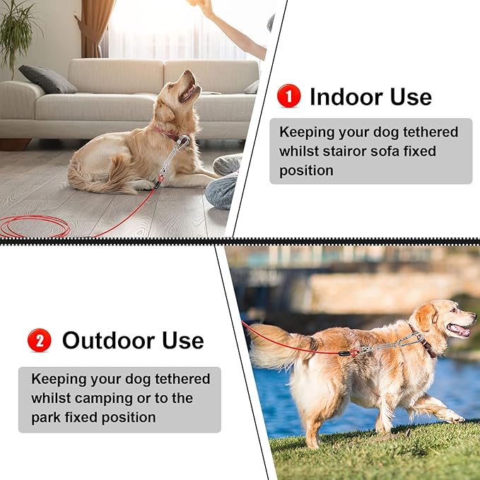 Jenico Dog Tie Out Cable, 10-150FT Runner Cable with Swivel Hook and Shock Spring, Yard and Camping Dog Leash Tether for Small to Medium Pets Up to 500 LBS