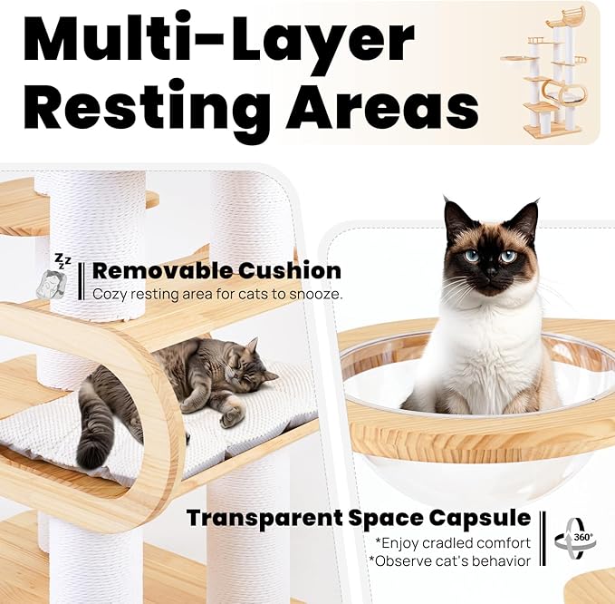 74.8" Modern Cat Tree for Indoor Cats, Tall Wood Cat Tower with Scratching Post, Heavy Duty Luxury Condo with Removable Mats, Multi-Level Cat Furniture for Cats