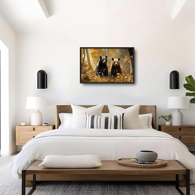 Large Forest Bear Wall Art for Living Room, Black Bear Autumn Canvas Oversized Wall Decor, Wildlife Framed Pictures Painting Print Artwork for Bedroom Office 36L" x 24W"
