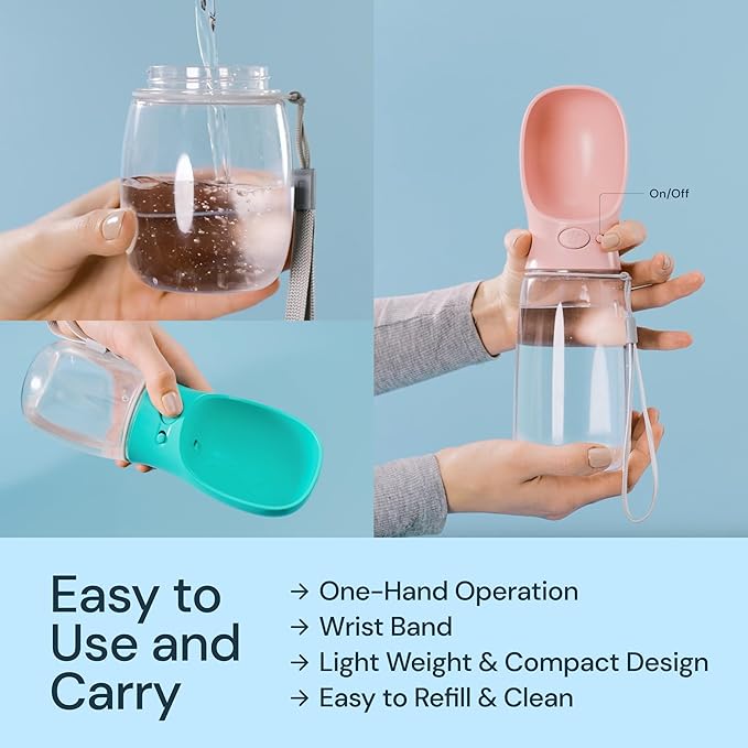 MalsiPree Leak Proof Portable Dog Water Bottle & Dog Travel Water Bottle Dispenser with Bowl - 12 oz, Blue - Food Grade Plastic- Puppy Essentials - Pet Travel Portable Doggy Bowl
