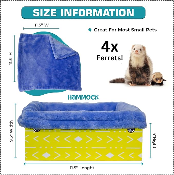 Ferret Hammock For Cage Box, use as Hanging Bed or Secure to Cage. Ferret Cage Accessories w/ Adjustable Straps, Perfect Small Pet Bed, Hanging cat hammock Bed, Guinea Pig Bed or Rabbit Bed.