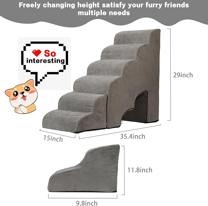 Dog Stairs for High Beds 25-30 inches Tall, 6-Step Dog Steps for High Bed for Doggies/Kitties, 30D Foam Pet Stairs Steps for Small Dogs, Dog Ramp/Ladder for Old Dogs/Cats, Grey