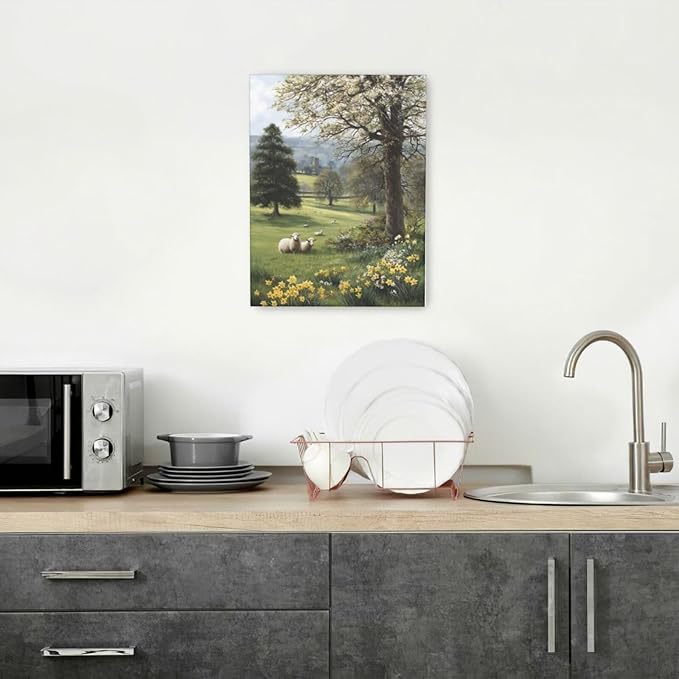 Country Sheep Canvas Wall Decor Farmhouse Rustic Lamb Wildflower Wall Art Nature Countryside Landscape Pictures Painting Print Framed Artwork Decorations for Bathroom Living Room Bedroom 12"x16"