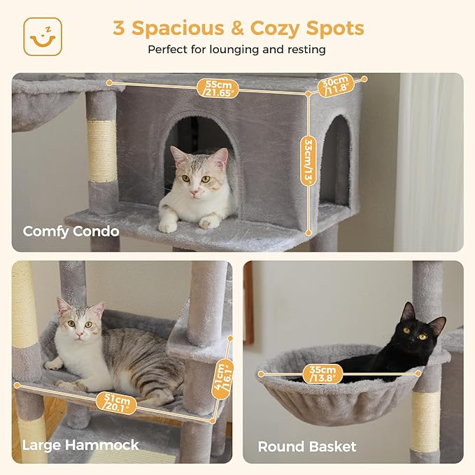 PAWZ Road Tall Cat Tree, 73 Inches Large Cat Tower with Large Padded Perch,2 Spacious Hammocks,8 Long Scratching Posts, XL Plush Cat Condo for Indoor Adult Cats,Gray