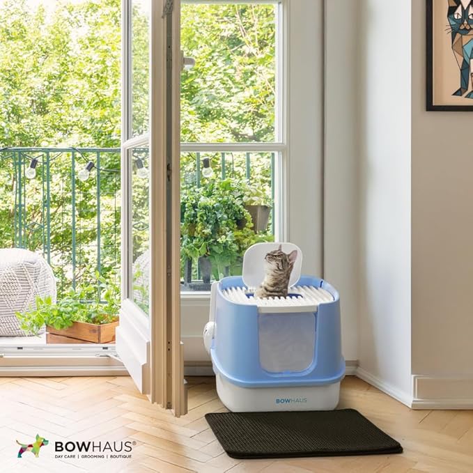 Fully Enclosed Cat Litter Box w/Lid, Scoop, Cat Mat & Odor Fitter, Large Plastic Cat Toilet with Double Door, Anti-Splashing Cat Litter Box with Lockable Front Door, Dark Grey