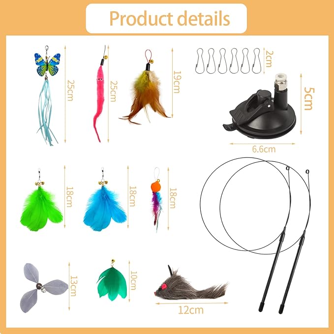 Cat Toys Wand Hands-Free Interactive with Super Suction Cup Sticky Detachable 9Pcs Refills 2 Stick for Indoor (Cat Wand with Suction Cup)