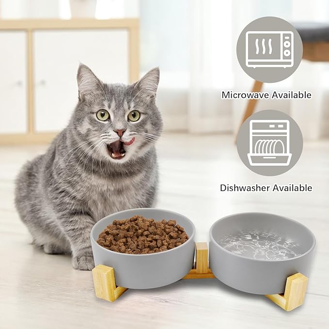 Ceramic Cat Bowls with Bamboo Stand,Non-Slip Small Dog Food and Water Bowl Set Non-Spill Cats Feeder Dish Modern Cute Weighted Cat Dishes for Small Dogs Puppy Cats Kitten(Grey)