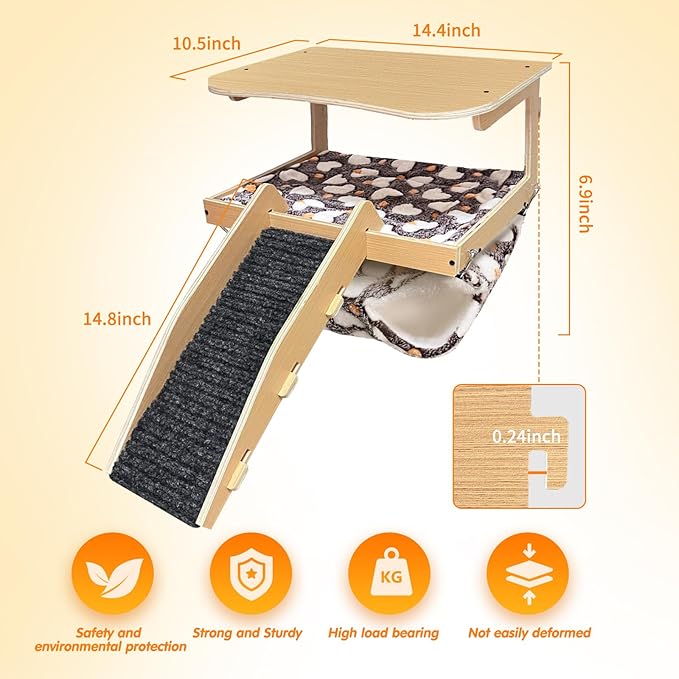 Guinea Pig Hideout，Natural Wood Removable Guinea Pig Bed, Small Animal Habitat with Hanging Hammock/Staircase/Cushion, Suitable for Small Animals to Hide, Rest, Play