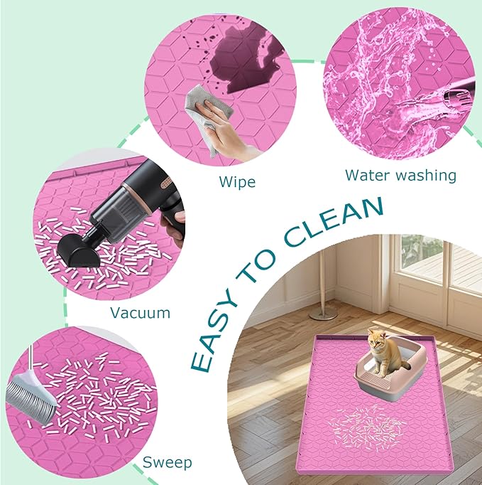 Cat Litter Mat, Silicone Large Cat Mat for Litter Box - 34x22 in, Waterproof & Non-Slip, Durable & Easy Clean, Pink