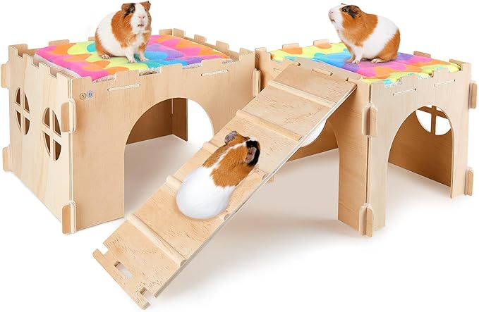 Guinea Pig Hideout, Guinea Pigs House with Stairs and Mats Extra Large Guinea Piggy Castle Detachable Hideouts for Small Animals Wooden Guinea Pig Habitats with Multiple Doors and Windows