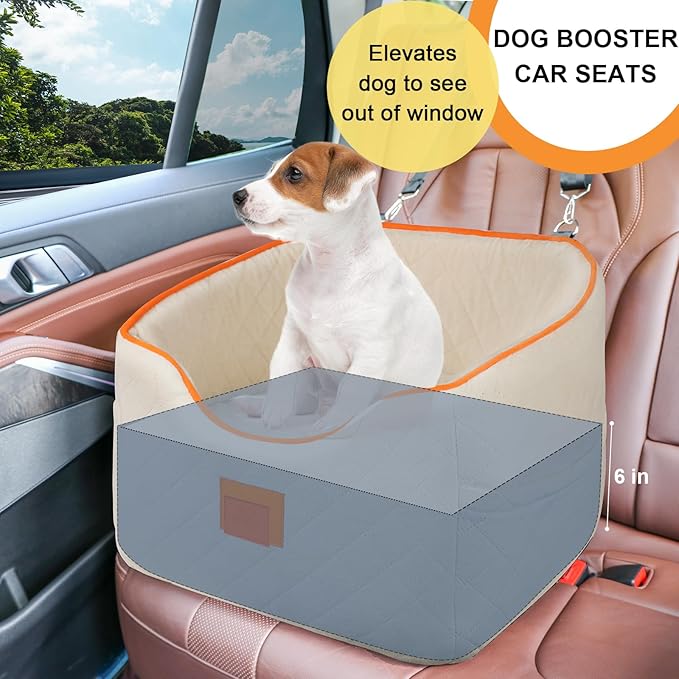 Dog Car Seat for Small Dogs, Memory Foam Booster Dog Seat for Dogs up to 35 lbs, Elevated Pet Car Seat, Travel Safety Pet Seat with Washable Removable Cover, Storage Pockets (Beige)