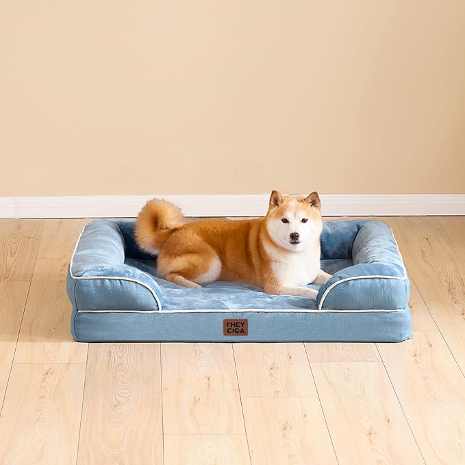 EHEYCIGA Orthopedic Dog Bed for Medium Dogs, Waterproof Memory Foam Medium Dog Beds with Sides, Non-Slip Bottom and Egg-Crate Foam Pet Couch Bed with Washable Removable Cover, Washed Blue