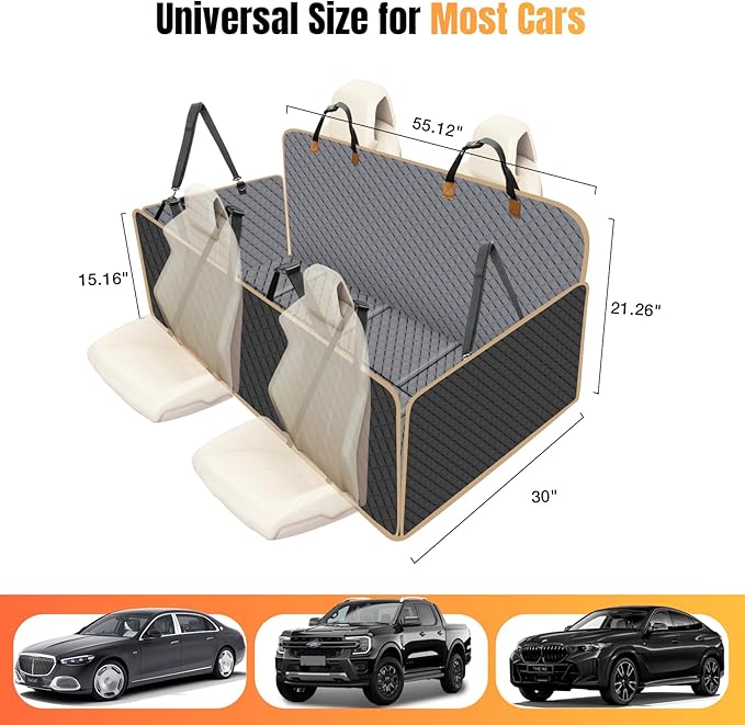 Dog Car Seat Cover for Back Seat, Dog Car Bed Cover with Strong Hard Bottom, Car Back Seat Extender Hammock for Car SUV Truck 4 Panels Gray Color Large Size