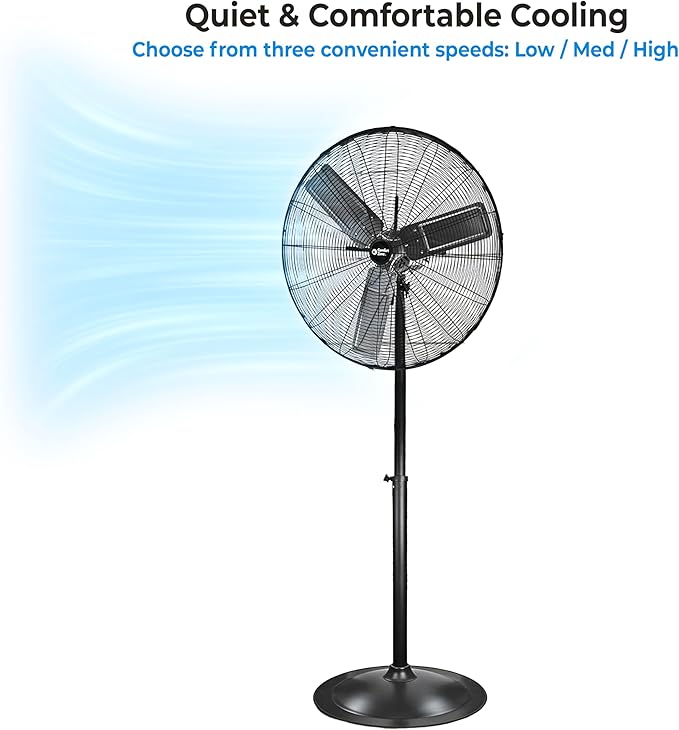 Comfort Zone Industrial Pedestal Fan, 30 inch, 3 Speed, High Velocity, Adjustable Height 56” to 76”, Metal, Meets OSHA Standards, Airflow 36 ft/sec, Ideal for Garage, Workshop or Warehouse, CZHVP30