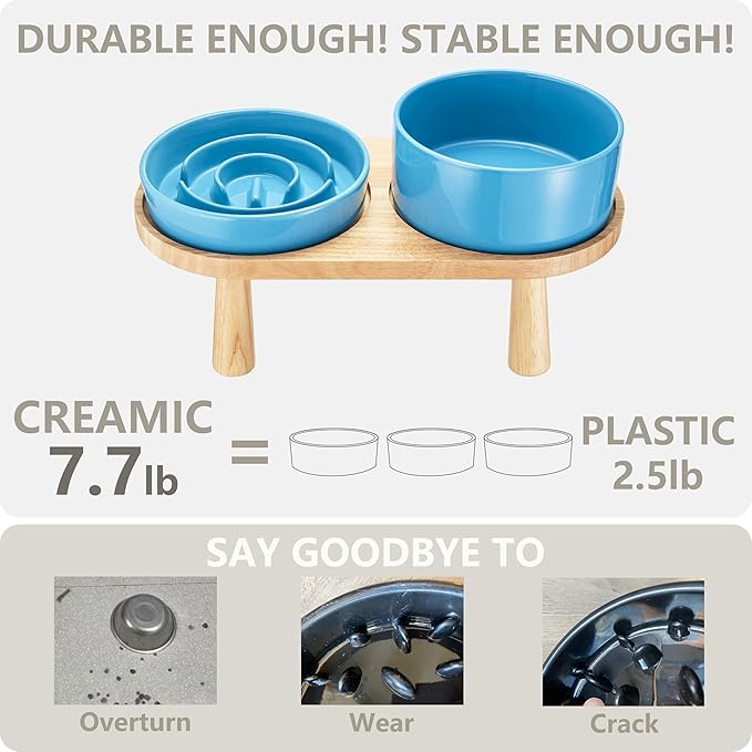 Ceramic Slow Feeder and Water Bowl Set for Medium and Large Dogs, Ceramic Dog Bowls Elevated with Wooden Stand, 2.0 Cups Dog Slow Feeder(30oz) and 70oz Water Bowl Set, Blue