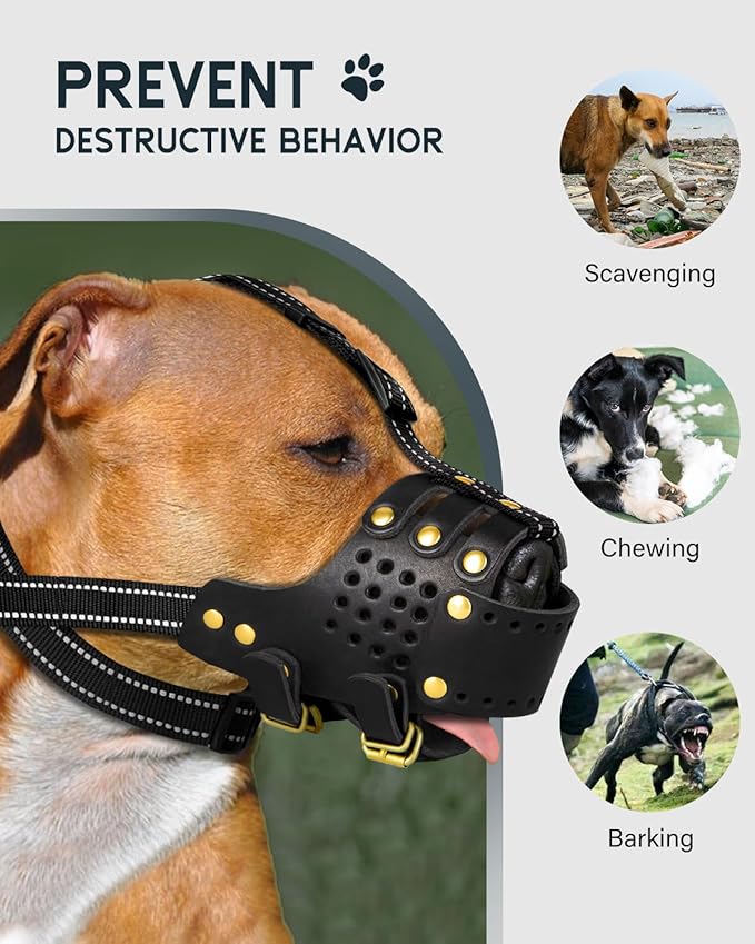 Dog Muzzle, Leather Basket Soft Muzzles Medium Large Breeds, Pitbull Dog Muzzle Amstaff Staffordshire Terrier, German Shepherd Dalmatian Doberman Adjustable (XL)