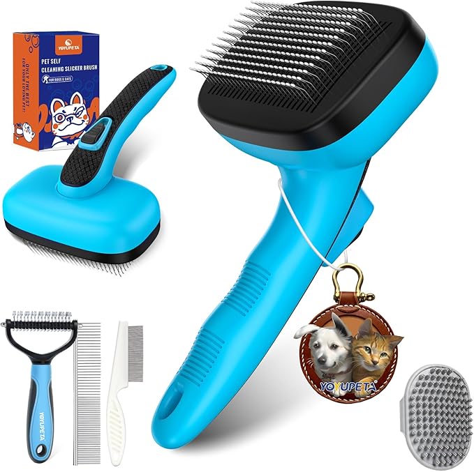 5 PCS Dog Grooming Brush Kit – Self Cleaning Slicker Brush for Shedding Short & Long Haired Dogs & Cats. Removes Loose Fur, Undercoat, Mats, Tangles. Suit for Small, Medium & Large Pets. Blue