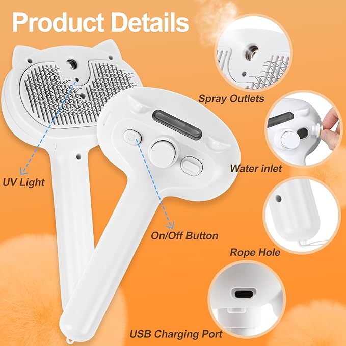 Cat Steam Brush for Shedding, 4 in 1 Steamy Cat Brush with Release Button, Self Cleaning Metal Pet Misting Hair Comb with Handle for Grooming Kitten Dog(White)