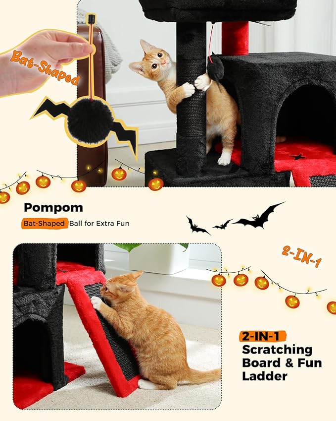 PAWZ Road Gothic Cat Tree, 30 Inches Black Cat Tower with Dual Condos for Indoor Cats, Spooky Cat House with Padded Perch, Scratching Ramp and Posts and Bat Toys