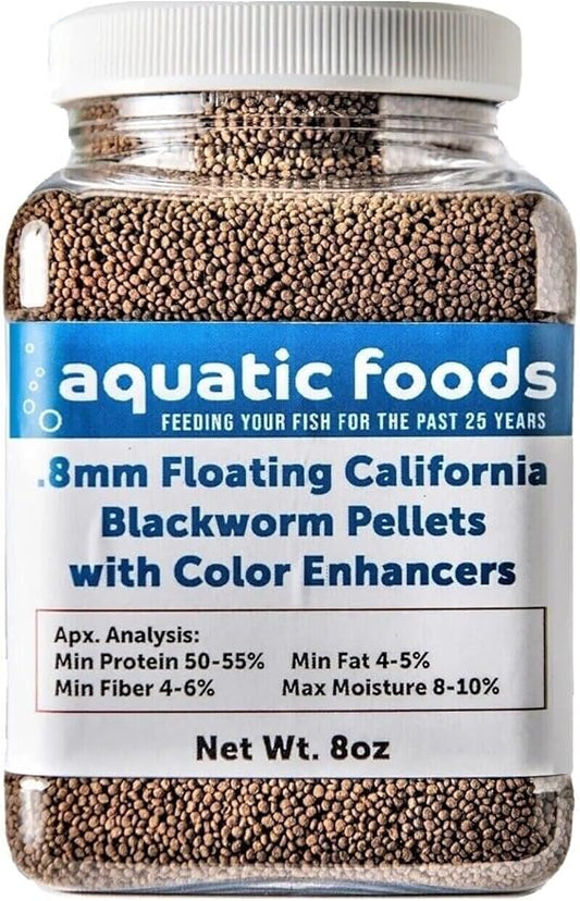 Aquatic Foods Inc. Blackworm Micro .8mm Floating Pellets with Color Enhancers & Vitamins for Discus, Guppies, Tetras, Live Bearers, Baby Cichlids, Baby Koi, All Tropical and Pond Fish...8oz Jar