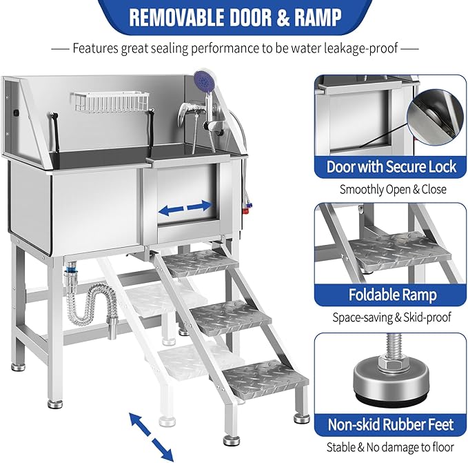 Dog Washing Station 38'' Stainless Steel Pet Grooming Tub for Large Dogs Over-Size Professional Dog Grooming Bathtub Station Wash Shower Sink Pet Grooming Bathtub Station